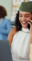 Aufkleber - Office, businesswoman and laptop with phone call for communication, reminder and creative agency. Happiness, female person and graphic designer with technology for discussion, mobile contact or hello