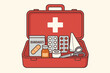 © IsarStudio - First aid kit vector illustration. Open red medical box with emergency supplies for survival and treatment. Healthcare concept with bandages, pills, scissors, tape. Safety case.