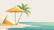 © Flyura Shakembekova - Tropical beach scene with umbrella and palm tree on a serene background with copy space