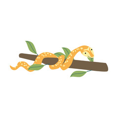 Vibrant tropical snake on branch with leaves for nature-themed designs.