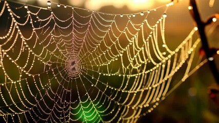 Detailed spiderweb covered in water droplets, sparkling in soft sunlight outdoors in the early morning, nature scene.
