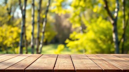 Wooden planks foreground blurred park background with green trees and foliage
