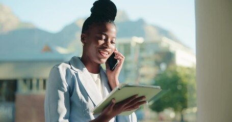Aufkleber - Phone call, tablet and happy black woman in office for business, sustainable deal or ESG negotiation. Mobile, consultant or talk to contact by window for green offer, eco friendly investment or chat