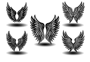 elegant gothic angel wings vector set featuring distressed feather details. ideal for tattoo art, fa