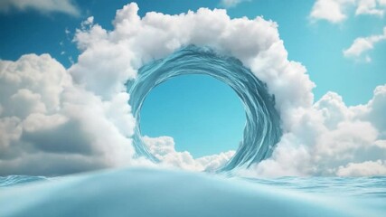 Fototapete - Celestial Portal: A swirling, ethereal portal of turquoise energy frames a clear blue sky, nestled amongst fluffy white clouds above a calm ocean.