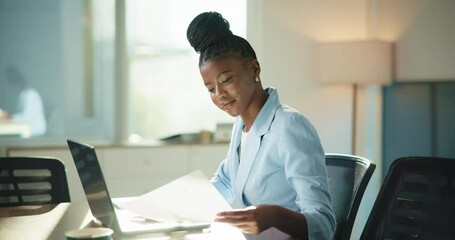 Poster - Office, laptop and woman with paperwork, typing and accountant with financial report or information. Happy, employee and black person with documents for investment, corporate and smile for project