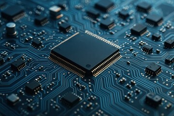 computer processor on blue circuit board in high-tech design
