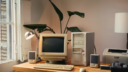 Retro pc computer gaming, Desktop vintage with loading code console, programmer making scripts, green basic screen, Old computer studio close-up, retro wave display, late 90s PC.