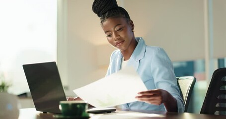 Poster - Happy, paperwork and woman with laptop, typing and reading of information for investment in office. Corporate, financial planner and black person with tech for opportunity, documents and website