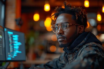 A pensive young man sits in a tech workspace, fully immersed in coding on his computer, representing creativity and the digital age in a modern environment.
