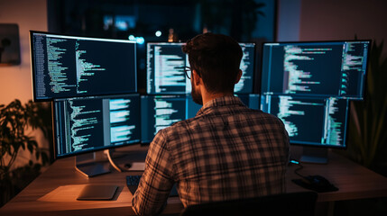 Programmer Coding Software on Multiple Screens 