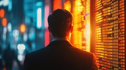 man standing and looking at a digital binary code display