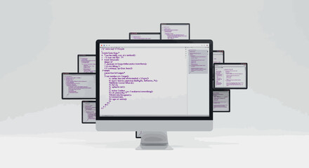 computer monitor displaying python code surrounded by multiple screens on light background vector il