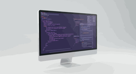 Modern imac displaying detailed c++ code and comments on screen vector illustration