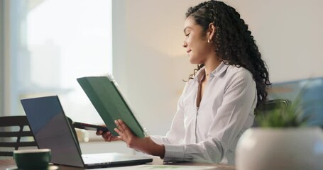 Aufkleber - Phone call, happy and businesswoman on tablet for accounting, economy update or finance report. Consulting, smile or financial advisor talking for advice, research or investment portfolio in office