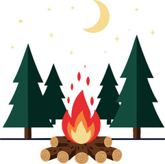 Wall Mural - Campfire with pine trees under crescent moon night sky vector illustration 