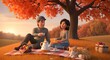 © Rumel - Couple sitting with dog in fall landscape