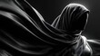© Formoney - A figure dressed in a dark, flowing garment stands still, the fabric billowing dramatically. Soft light highlights the contours of the drapery, creating an aura of mystery in the dark setting.