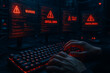 © Art_spiral - Cybersecurity Command Center with Hacker Typing on a Glowing Keyboard and Multiple Screens Displaying Digital Warning Critical Errors for Network Threat Detection and Data Protection