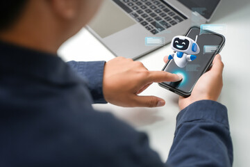 ai content creation tools: man uses laptop with ai assistant for graphic design, translation, chatbo