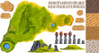 © valadzionakvolha - Moai on Easter island or Rapa Nui top view. Isolated vector cartoon stone statues on mountain. Set signboards Rongorongo, pattern, undeciphered captions ancient peoples.