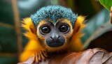 An adorable close-up of a monkey with a striking colorful coat, captivating viewers with its expressive eyes and the lush greenery that forms its natural habitat.