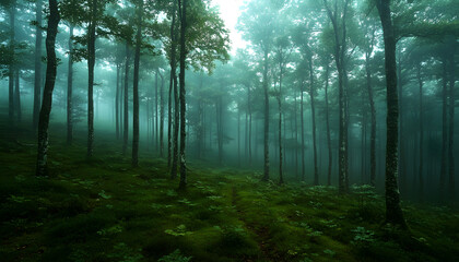  misty morning in the green forest