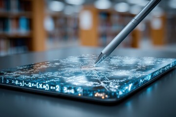 a modern stylus pen resting on a tablet displaying glowing mathematical equations and formulas, with