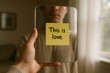 © Татьяна Евдокимова - Hand holding mirror reflecting a man with a yellow note saying this is love, representing self love, self acceptance, and Valentine's day
