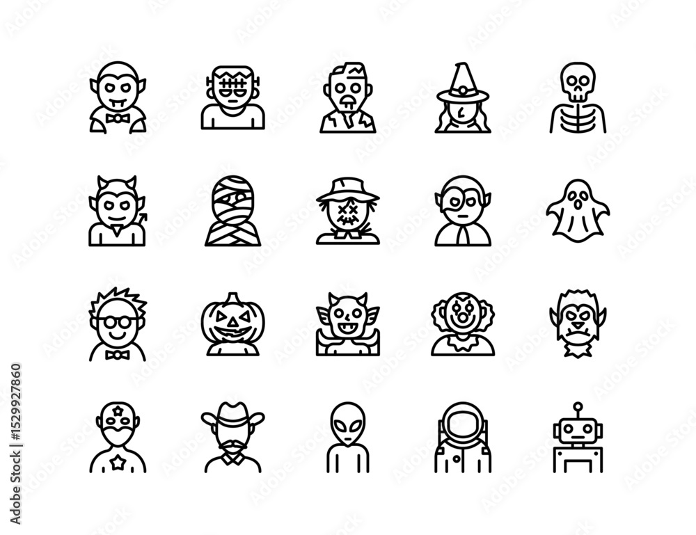Halloween Characters Vector Icon Set | Adjustable Line Weight | Vampire ...