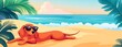 © Iryna - Develop a whimsical illustration of a dog sporting sunglasses and a hat, soaking up the sun at the beach with a surfboard nearby, characterized by its modern flat minimalistic isolated aesthetic