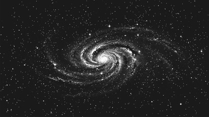 Poster - Deep space scene background in stippling style with amazing huge glowing spiral galaxy and stars. Milky Way galaxy. Retro styled dotwork. Pointillism. Noisy grainy dot shading. Vector illustration