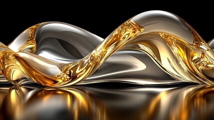 Wall Mural - curvy gold/silver abstract, reflective surface, dark backdrop