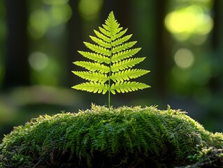 Wall Mural - Fern on moss mound, sunlit forest backdrop