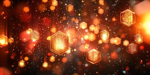 Wall Mural - floating gold hexagons amidst glowing particles, dark space