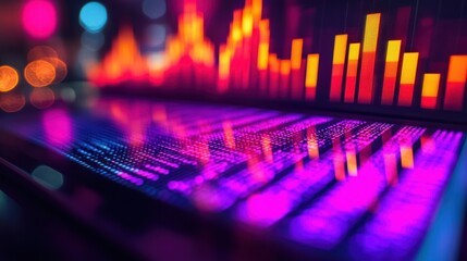 Wall Mural - glowing bar graph & data reflections on shiny surface