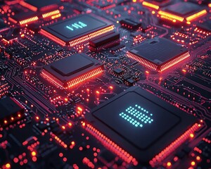 Wall Mural - glowing red and blue tech circuit board close-up