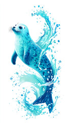 blue fantasy seal leaping through swirling ocean water in stylized watercolor splash illustration of