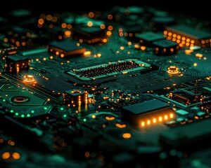 Wall Mural - illuminated circuitry, components glow on a green board