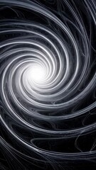 Wall Mural - Abstract swirling vortex of white light against black background. Mysterious glowing energy forms dynamic motion, creating a sense of depth and flow.