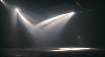 Wall Mural - A Single Light Pierces the Darkness A lone spotlight cuts through the dense fog casting a dramatic beam of light on a dark stage The ethereal glow creates a sense of mystery and anticipation 4K