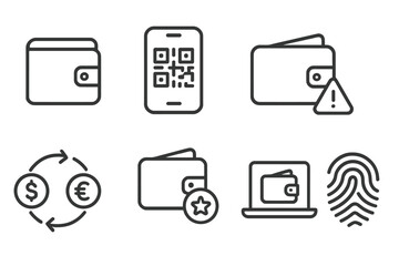 digital wallet icons. line style icons of digital wallets: wallet app, qr code pay, nfc payment, tra