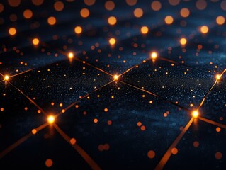 Wall Mural - orange dots linked by lines, dark patterned background