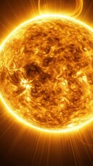 Wall Mural - Digital rendering of a golden sun with solar flares and corona on a starry background, showing surface details and energy emissions.