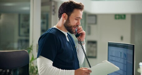 Aufkleber - Phone call, nurse and man with paperwork, talking or communication with contact for patient records. Healthcare, administration and person with telephone, read and results of medical report in clinic