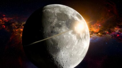 Wall Mural - Digital rendering of a moonscape with planetary ring in front of a colorful nebula and distant stars shining in deep space