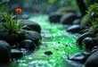 © starush - A serene stream flows over smooth stones, adorned with vibrant flowers