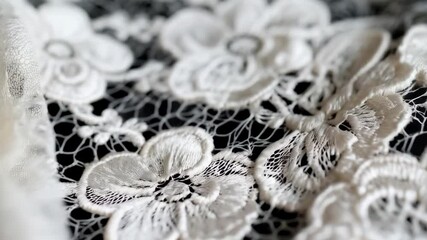 Detailed closeup of intricate, delicate floral lace fabric in off-white, showing fine threadwork, openwork and woven background design.