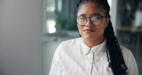 Poster - Office, black woman and smile with computer for reading, online information and fact check story. Workplace, business person and journalist with digital for editing process, blog review and research