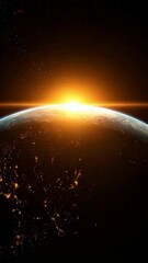 Wall Mural - Sunrise over planet Earth with visible city lights from space, shining sun illuminating the horizon and a background of stars